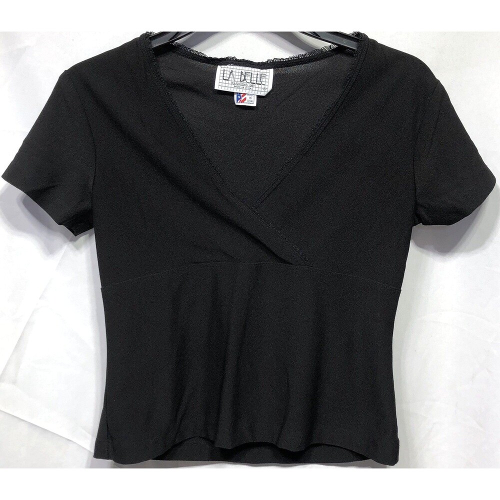Vintage La Belle Surplice Cropped Blouse Top S Blk Short Sleeve Lace Trim Y2K